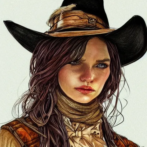 Prompt: beautiful cowboy witch, wild west, detailed, concept art, colored pencil drawing, trending on artstation