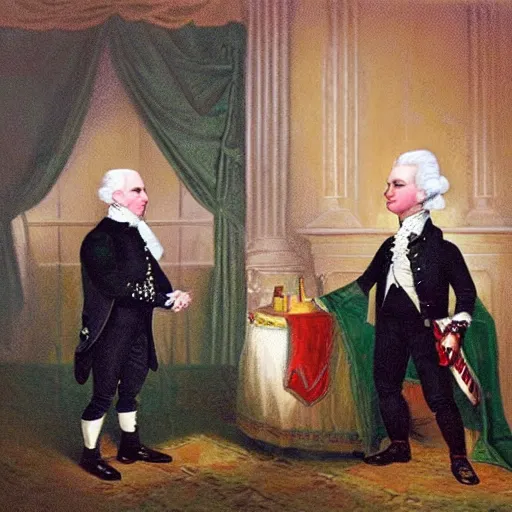 Prompt: Victorian painting of Marshmello greeting George Washington