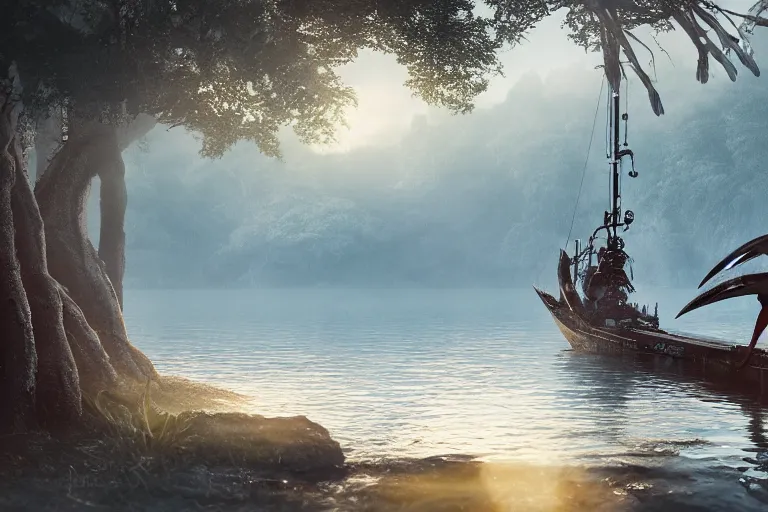 Prompt: a detailed RPG portrait of a robotic xenomorph sailing on an Indonesian fishing boat, in a calm reflective lake surrounded by cypress trees, by escume, mist, octane render, golden hour hues, deviantart, 24mm lens