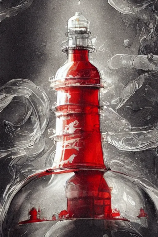 Image similar to a red and white lighthouse inside a clear bottle, very fancy whiskey bottle, intricate concept painting by yoshitaka amano, daytoner, greg tocchini