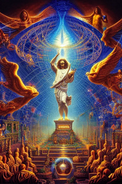 Prompt: a photorealistic detailed ornate image of spiritual evolution, science, divinity, utopian, triumphant, cinematic, epic, grandiose, moody, mathematics, futuristic, by jason felix, david a. hardy, kinkade, lisa frank, wpa, public works mural, socialist