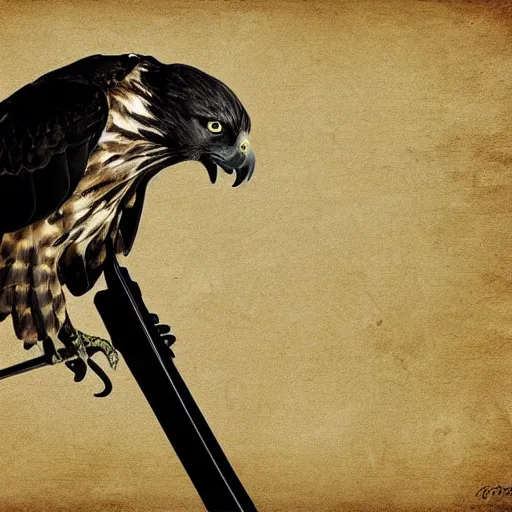 Prompt: an hawk holding a black cross shaped sword in his beak, digital art, 4 k, pirates of the caribbean style