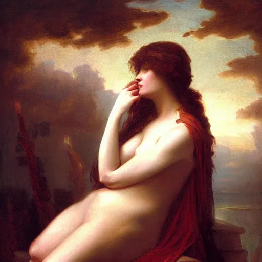 Image similar to oil painting of a beautiful woman mourning the death of a monster by Guillaume Seignac