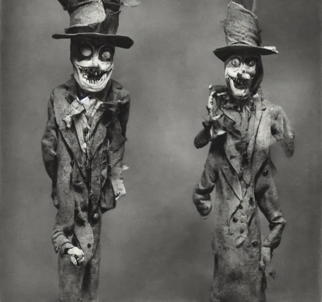 Image similar to a ventriloquist figure wearing a funny hat, ventriloquist dummy head, smiling, photograph, style of atget, nightmare, concept art, creepy, antique