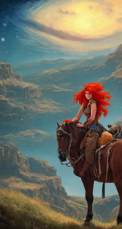 Image similar to a young cowgirl sitting on top of her horse, overlooking a canyon, red hair and blue eyes, stars and galaxies visible in the nightsky, sad and introspective, highly detailed, artstation, stunning, 8 k