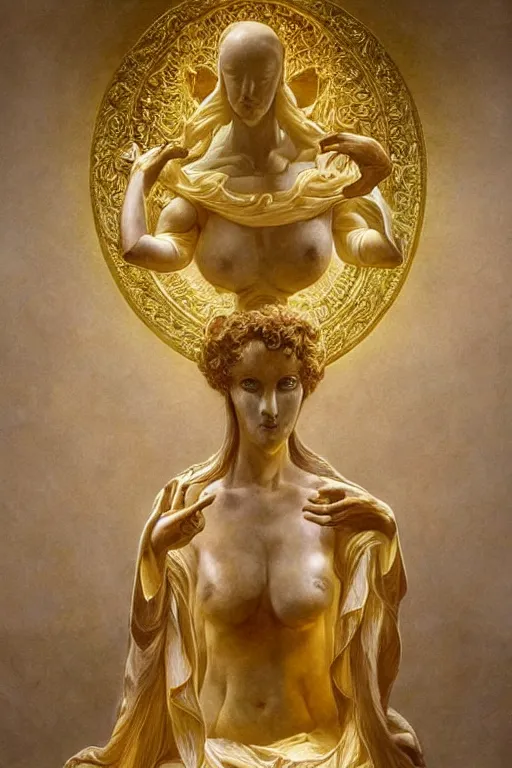 Image similar to marble sculpture depicting a woman programming the samsara holy cluster, dramatic light, concept art, stunning, visionary, mystical, hyper realistic, beautiful, wow, gilt metal, rich marbles, by gian lorenzo bernini, by brecht evens, by jean delville, in the style of francis bacon