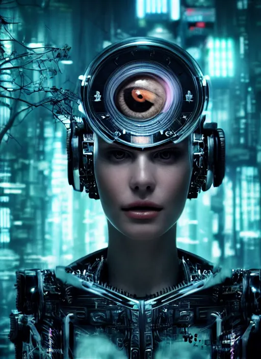 Image similar to 35mm portrait of complex, sophisticated and intricate 7 of 9 borg with eye implant, on the background of a weird magical mechanical forest. Round gears visible inside her hear. Very detailed 8k. Fantasy cyberpunk horror. Sharp. Cinematic post-processing