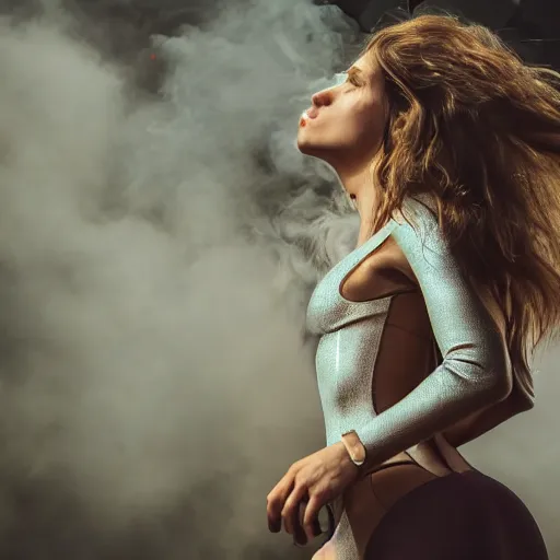 Prompt: hyperdetailed photo of a serious woman with light eyes and open mouth, long hair, in a cybercity, in front of smoke, wearing tight suit, inside berghain, classic, photo 3 5 mm leica, hyperdetail, 8 k, very detailed, fine face