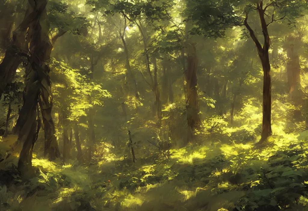 Image similar to greg manchess painting of a forest landscape, painting, trending on artstation, by huang guangjian and craig mullins