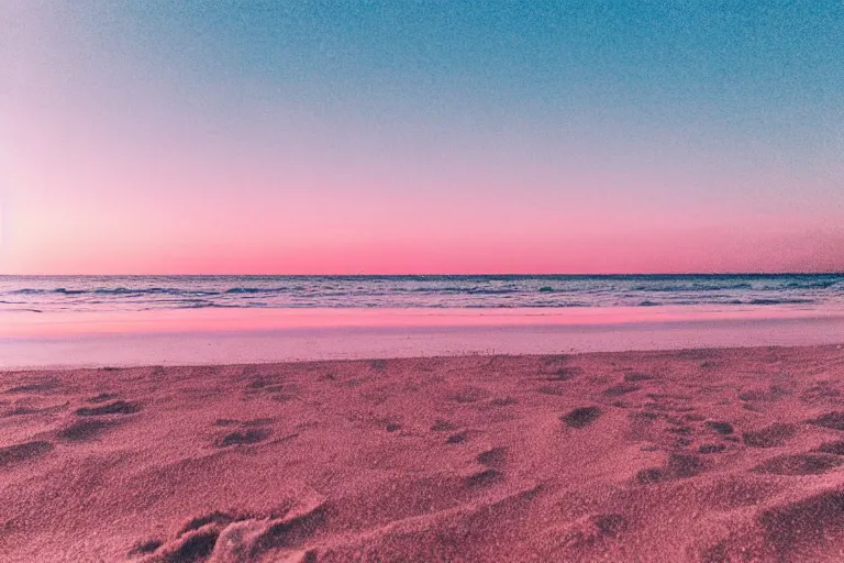 Image similar to a vintage family holiday photo fuji kodak of an empty beach shore with pastel pink sand reflective metallic water and sunbathing equipment at dusk.