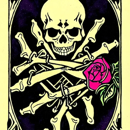 Image similar to tarot cards with skeletons skulls and roses, art nouveau, sharp,