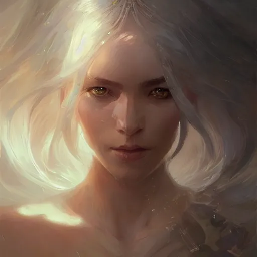 Prompt: a portrait of a beautiful lady with adorable eyes, light smiling, art of wlop and greg rutkowski, epic fantasy art, bright light masterpiece, ray of light through white hair
