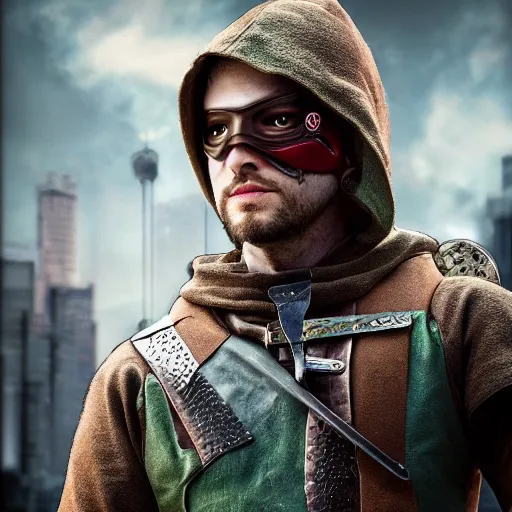 Prompt: photo of a cyberpunk robin hood warrior, highly detailed, 4k, HDR, award-winning photo