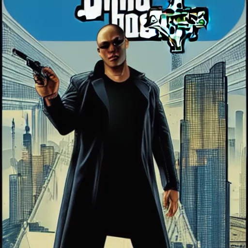 Image similar to Morpheus from the Matrix in GTA 5, cover art by Stephen Bliss, boxart, loading screen