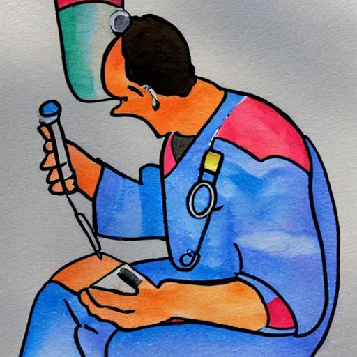 Prompt: doctor performing surgery on a rocket, blue watercolor painting