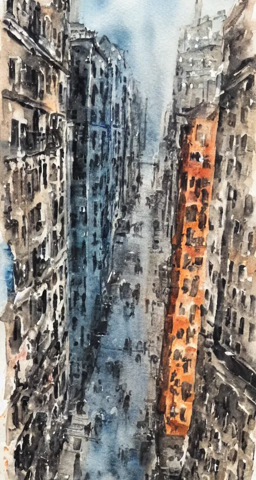 Image similar to looking upon a dying city, watercolor,