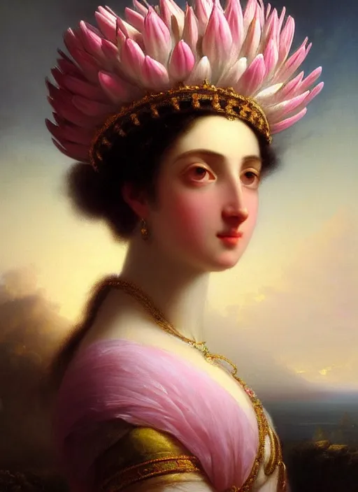 Image similar to stunning italian godess princess, detailed pink and white protea head peace against a black backdrop by ivan aivazovsky, wlop, super sharp details, photorealism, 5 0 mm lens, oil painting, beautiful soft lighting, muted colours, artstation