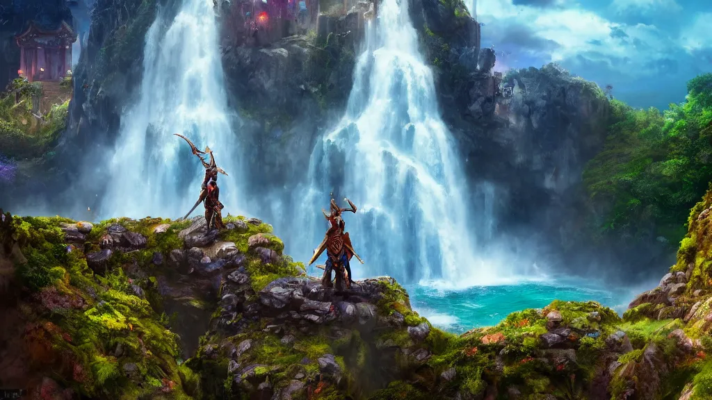 Image similar to A Fantasy Warrior, standing on a cliffside, beside a beautiful colourful waterfall, over looking a large Fantasy city in the middle of the ocean, trending artstation, 8k, highly detailed, matte painting, concept art, over the shoulder camera