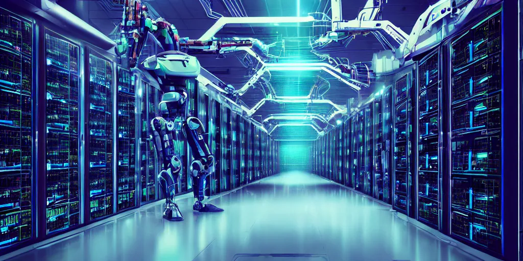 Prompt: futuristic robot in data center server palace high details shot cyberpunk retrowave shot from michael bay movie