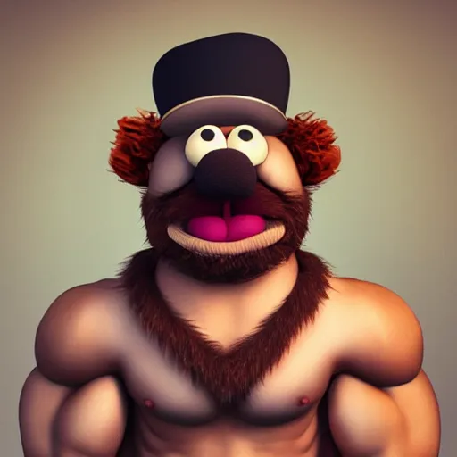 Image similar to a still of a forgotten muppet character looking very manly and modern, hilarious, laughing, hairy chest, huge chin, manly monster tough guy, roughled fur, photo real, photographic, photograph, artstation, trending, featured