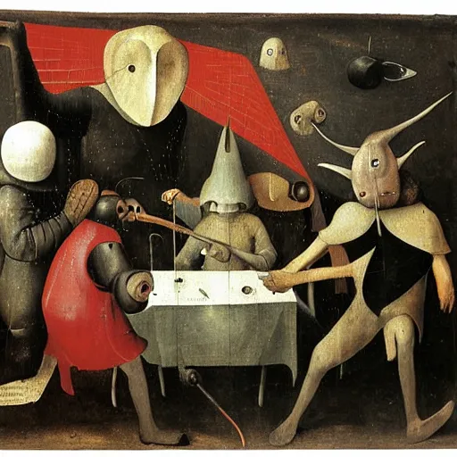 Prompt: Among Us impostor and crewmates by Hieronymus Bosch