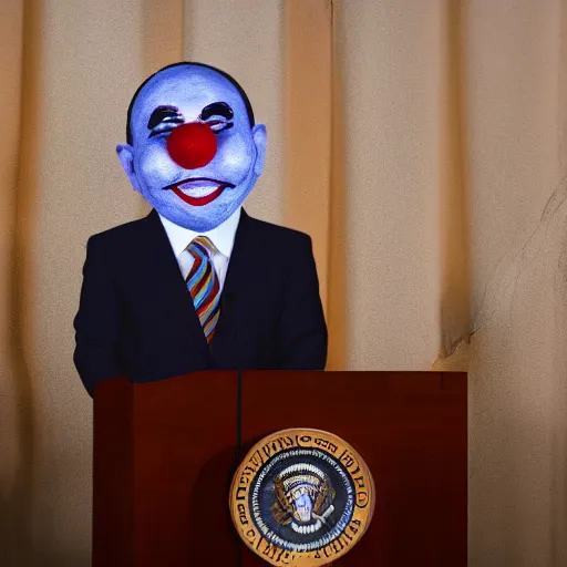 Image similar to string puppet of a president with clown makeup in a podium and a human shadow behind