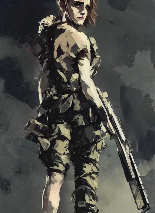 Image similar to emma watson wearing metal gear armor holding ak-47 dramatic lighting art by Yoji Shinkawa by Richard Schmid by greg rutkowski by Sandra Chevrier by Jeremy Lipking cinematic dramatic