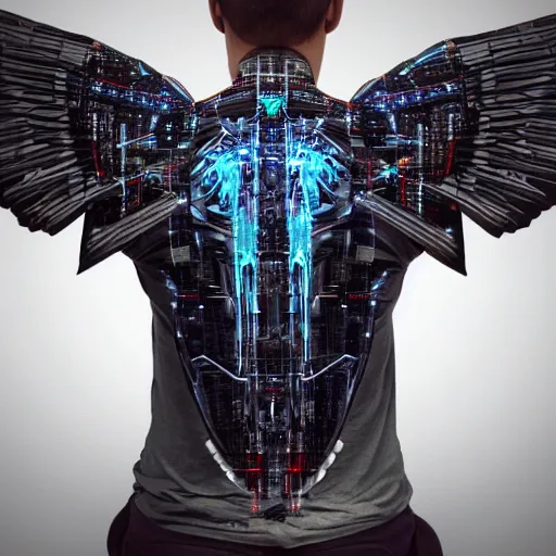 Prompt: man with cybernetic bird wings coming from his back, highly detailed, mega detailed, photo realistic, cyberpunk,