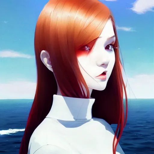 Prompt: beautiful pale vampire with auburn hair in a white turtleneck dress, on a super yacht, by guweiz and wlop and ilya kuvshinov and and moebius and bilal and artgerm, symmetrical eyes, aesthetic, gorgeous, stunning, alluring, attractive, artstation, deviantart, pinterest, digital art