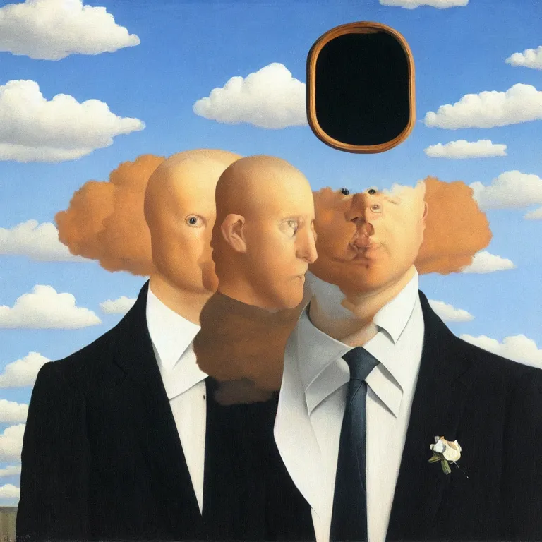 Image similar to portrait of a faceless mirror - head man in a suit, clouds in the background, by rene magritte, detailed painting, distance, middle centered, hd, hq, high resolution, high detail, 4 k, 8 k