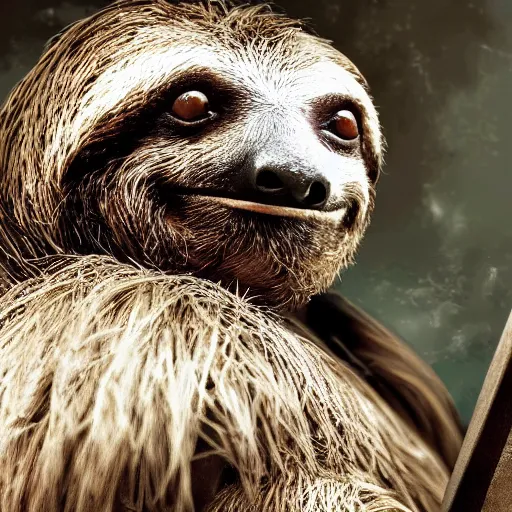 Prompt: a sloth in gladiator armor, closeup, digital art