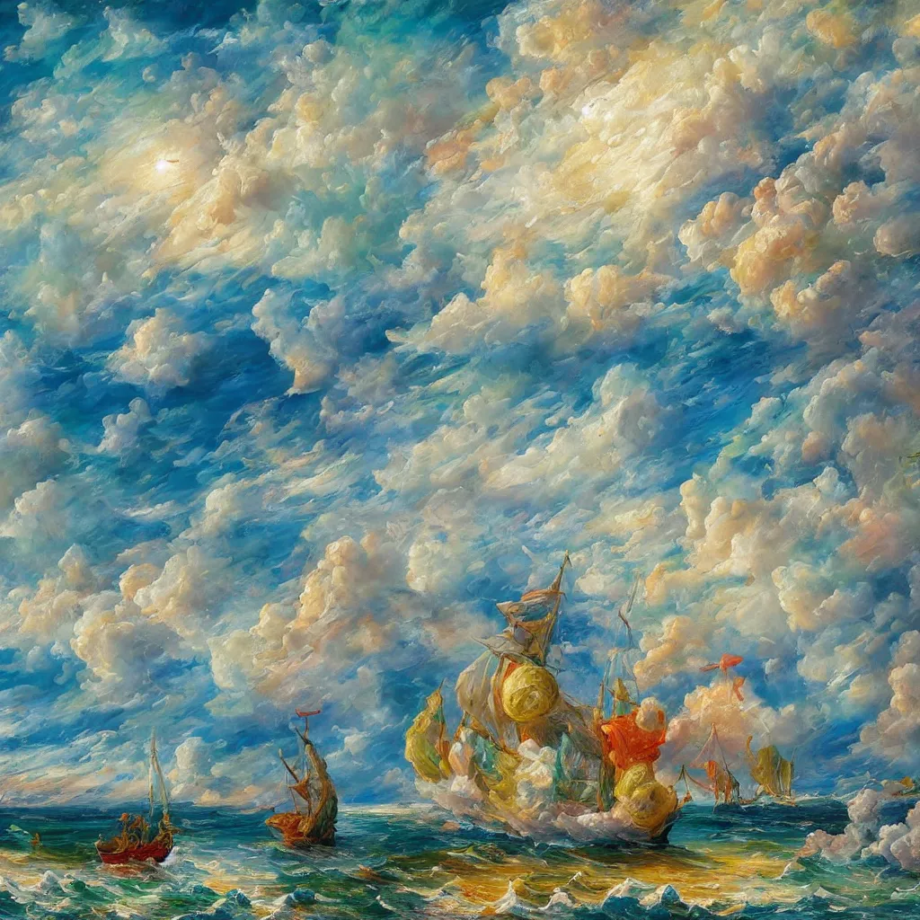Prompt: 3d high relief painting of sea like jelly,Rainbow clouds like sheep floating lightly in the air, Sailing ship,dreamy, soft , highly detailed, expressive impressionist style, painted with a palette knife, in the style of Yuri Anatolyevich Obukhovskiy