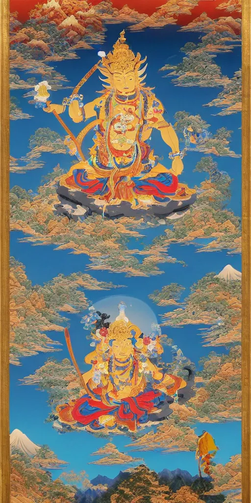 Image similar to a Beautifully exquisite WUKONG Thangka, with intricate details and bright colors. The background is a deep blue, with mountains and clouds. The thangka is framed in a gold border, from which rays of light are emanating, by WU DAOZI, zhang xuan, qiu ying, Chris Saunders,