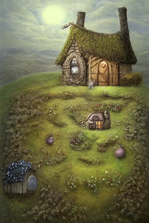 Prompt: beautiful matte painting of a cottage on a hill whimsical by brian froud and bridget bate tichenor