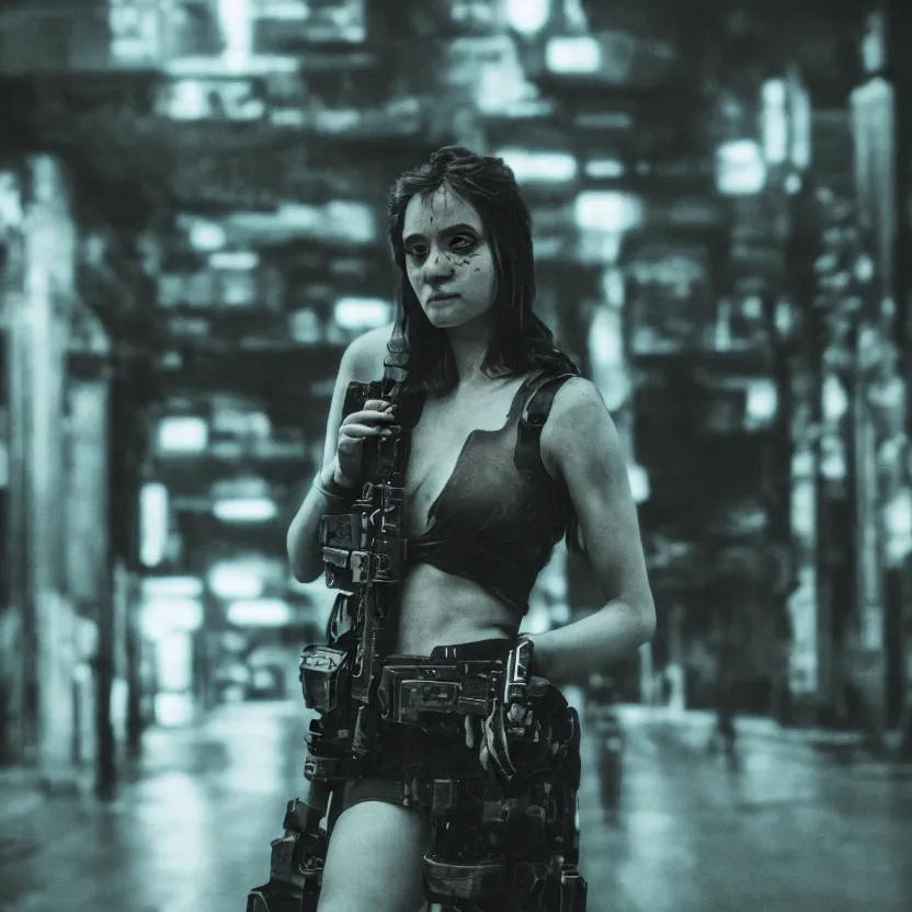 Prompt: portrait of beautiful guard hiding her chest with her arms, dystopian cyberpunk smoke detailed anamorphic 50mm lens