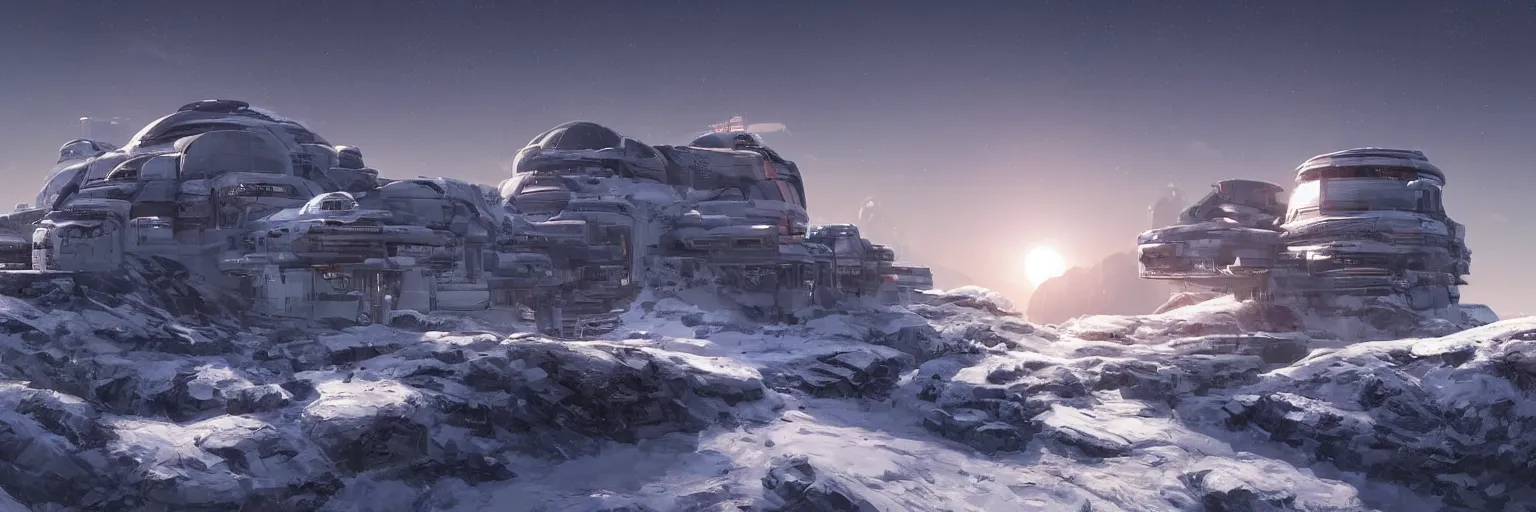 Prompt: “Concept art of a small modern research outpost consisting of a single building on the side of a snowy mountain at sunset on an alien world, 2077 , 8k, star citizen, art station”