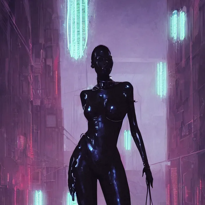 Image similar to african domme mistress, futuristic, ebony, rubber suit, spikes, bright surrounding, neon lights, smooth, concept art, realistic painting, digital art by greg rutkowski, by junji ito