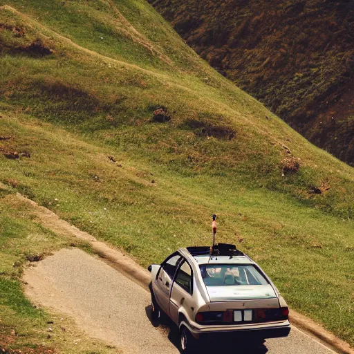 Prompt: a crossover between a Toyota Corolla and a goat driving on a mountain road, cinematic, the milky way in the sky, 35mm, cinematic, with rabbits in the grass, bicycles near the car