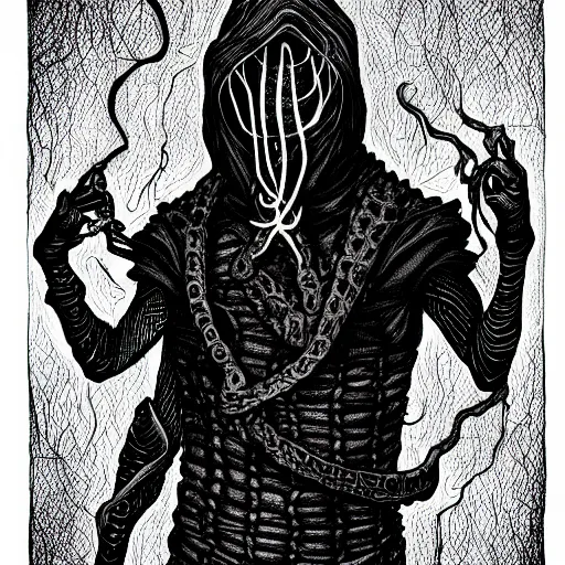 Image similar to black ink on paper, illithid in a straitjacket, trending on artstation, beautiful, intricate, detailed