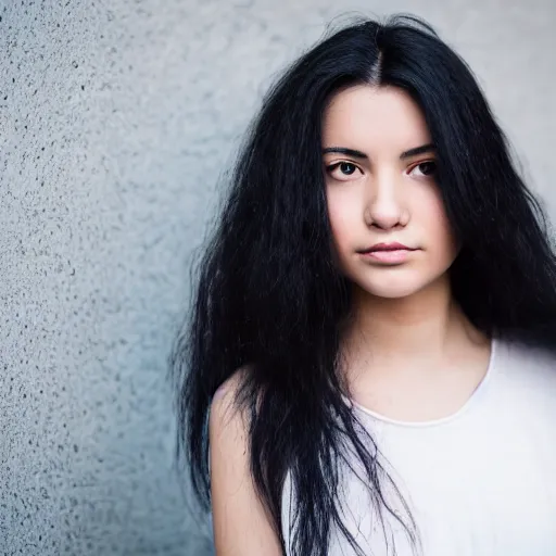 Image similar to young woman with long messy black hair, slightly smiling, 1 3 5 mm nikon portrait