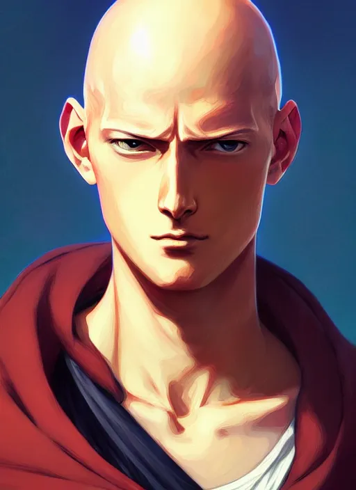 Image similar to handsome saitama, half body shot, path traced, cape, highly detailed, high quality, digital painting, alena aenami, lilia alvarado, shinji aramaki, karol bak, alphonse mucha, tom bagshaw