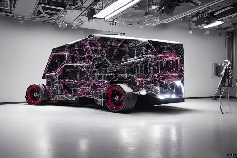 Image similar to a 2 8 mm closeup photo of a tesla cybertruck in a photo studio with a reflective floor, intricate, hyper detailed, smooth, high contrast, volumetric lighting, octane, moebius, greg rutkowski, ripley scott, synthwave, cinematic