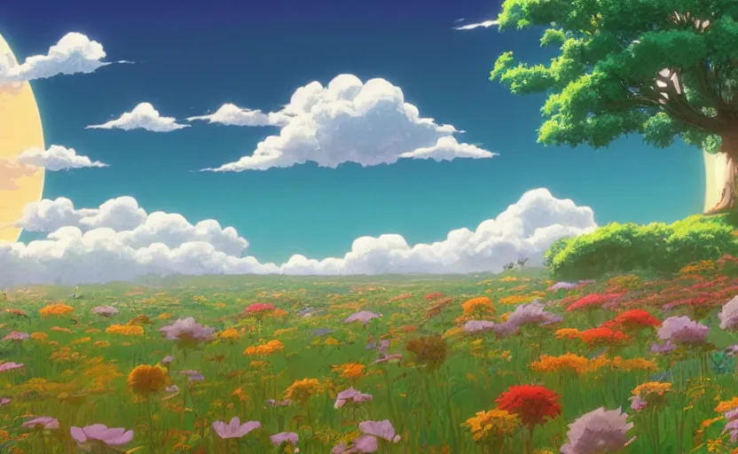 Prompt: fantastic anime sunny meadow with flowers, lone old Oak in the middle plane and mountains on the background, by Hayao Miyazaki, Nausicaa, studio Ghibli style, Anime wallpaper, stunning