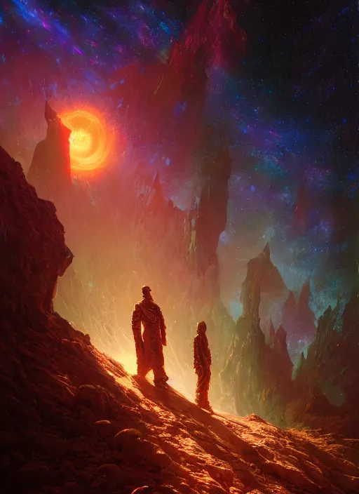 Prompt: out in the dark, among the stars, the god is dead by barclay shaw, andreas rochas, james jean, craig mullins and joe jusko, 8 k, intricate details, illustration, dynamic lighting, unreal engine, featured on artstation, soft glow.