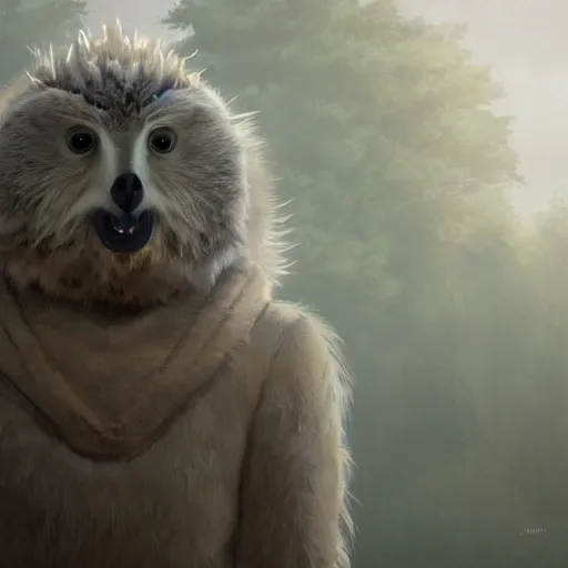 Image similar to a beautiful closeup shot from a fantasy film of a humanoid grey owlbear wearing a loose tunic. an anthropomorphic owlbear. golden hour. joseph ducreux, greg rutkowski.