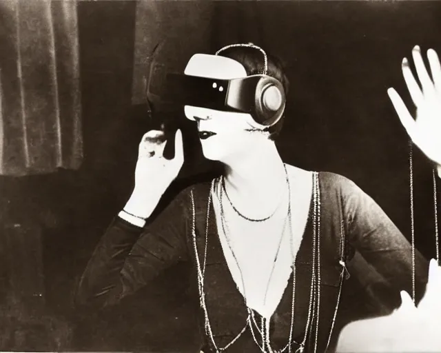 Image similar to 1 9 2 0 s photo of a flapper girl wearing a vr headset on a stage in a speakeasy