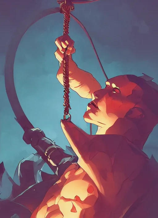 Prompt: a king being hanged, in the style of artgerm, gerald brom, atey ghailan and mike mignola, vibrant colors and hard shadows and strong rim light, plain background, comic cover art, trending on artstation