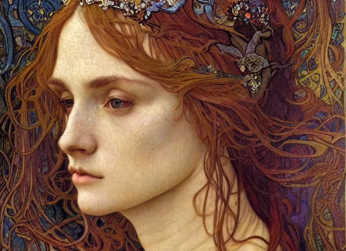 Image similar to detailed realistic beautiful young medieval queen face portrait by jean delville, alphonse mucha, vincent van gogh, and marco mazzoni, art nouveau, symbolist, visionary, gothic, pre - raphaelite