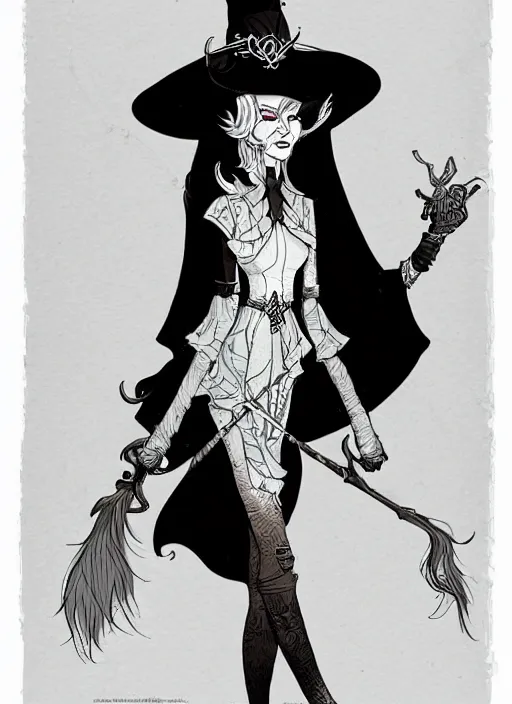 Image similar to snow witch character design by matthieu cousin, pen and ink illustration, fine inking lines, flat colors, concept art