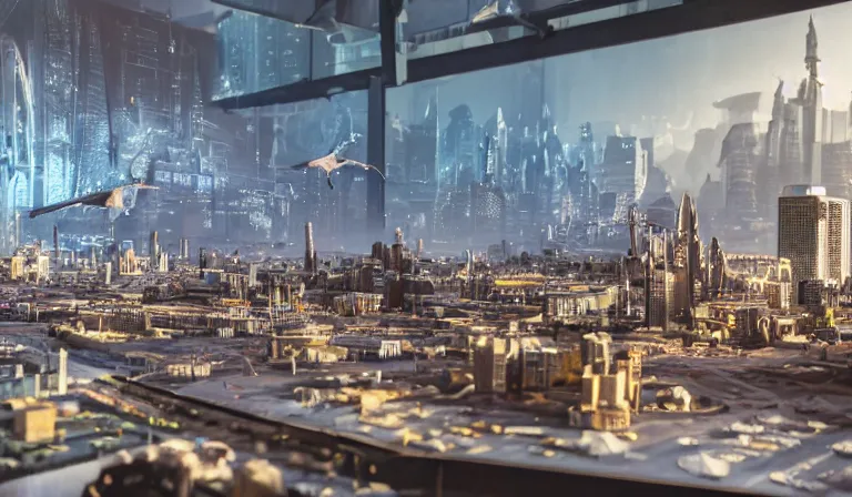 Prompt: big group of people in simple warehouse, looking at hologram of futuristic city on a table, cinematic concept art, godrays, golden hour, natural sunlight, 4 k, clear details, tabletop model buildings, center model buildings, hologram center, crane shot, crane shot, crane shot